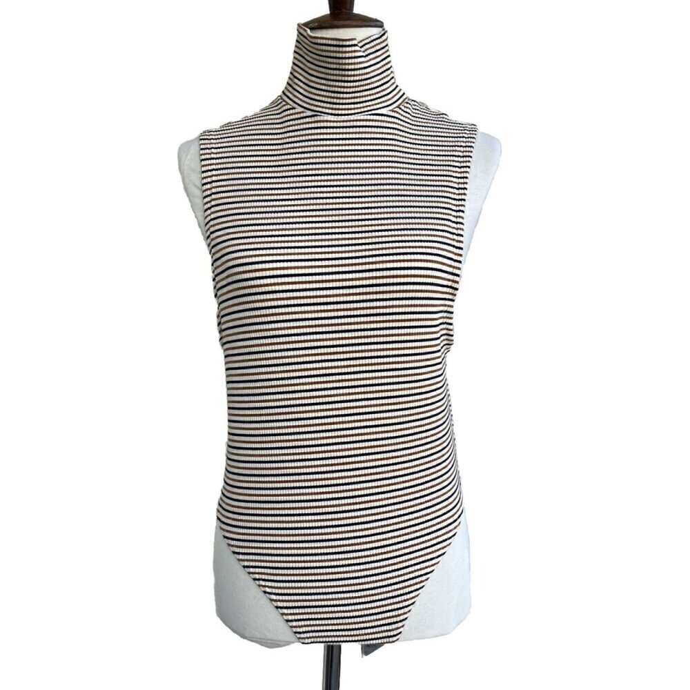 Nightwalker Clarissa Mock Neck Striped Ribbed Bodysuit Size M NWOT